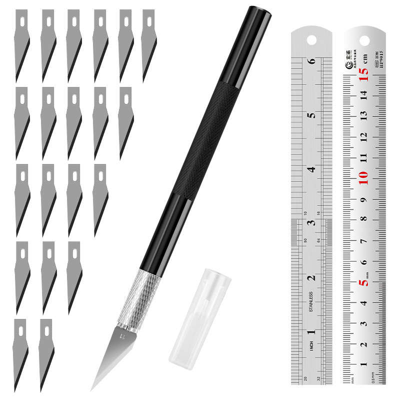 Juego de herramientas de tallado transfronterizo: cuchillo y regla de acero, cuchillo para manualidades con kit de cuchillas, regla de acero inoxidable de 15 cm para uso en bricolaje.