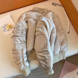欧货高级休闲纯色拼接针织褶皱长袖棉服女2025冬季新款百搭棉衣
