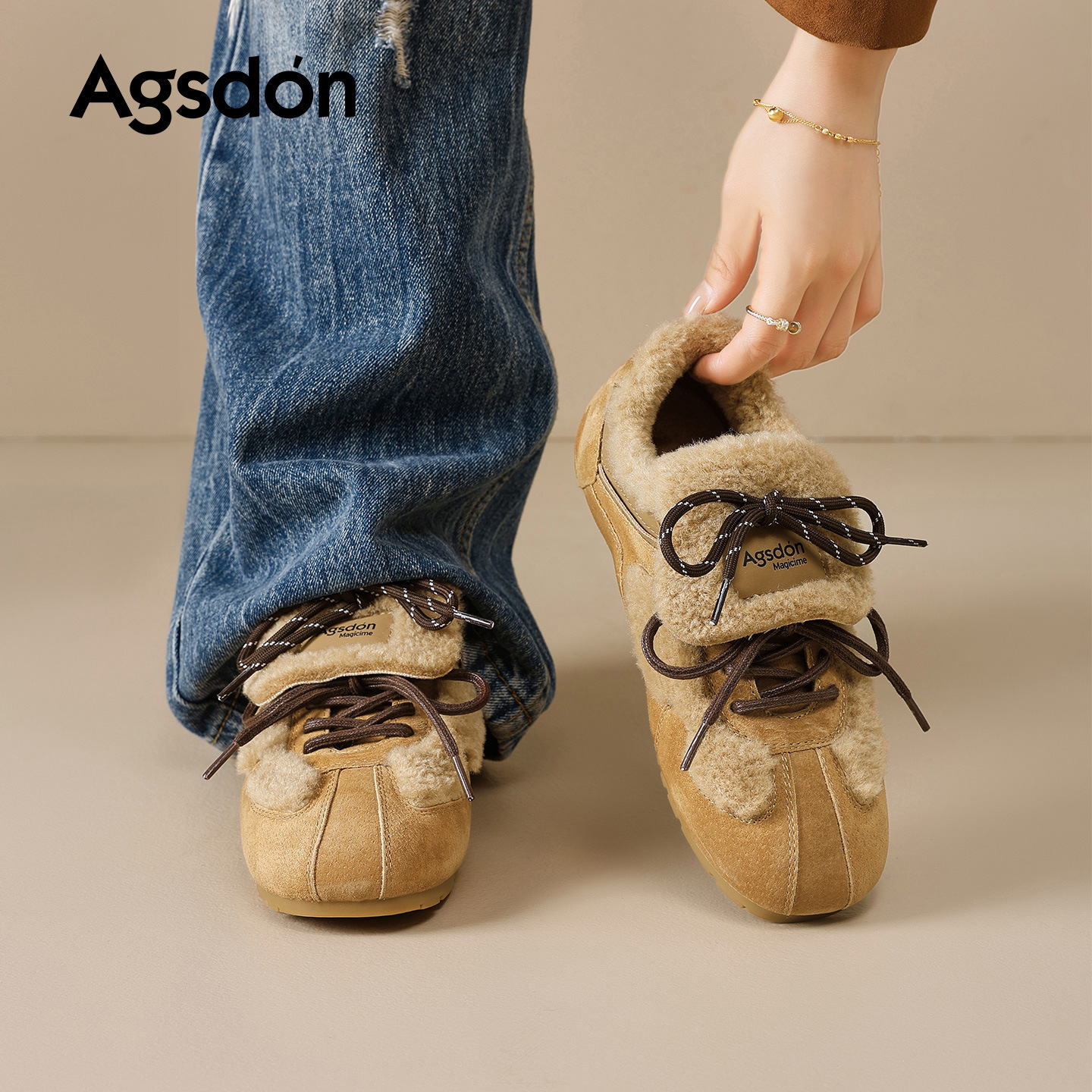 Augu Lion Deng Xiaoping zapatos de entrenamiento de lana para mujeres 2025 nuevo invierno de suela gruesa botas de nieve de peluche zapatos deportivos casuales de algodón