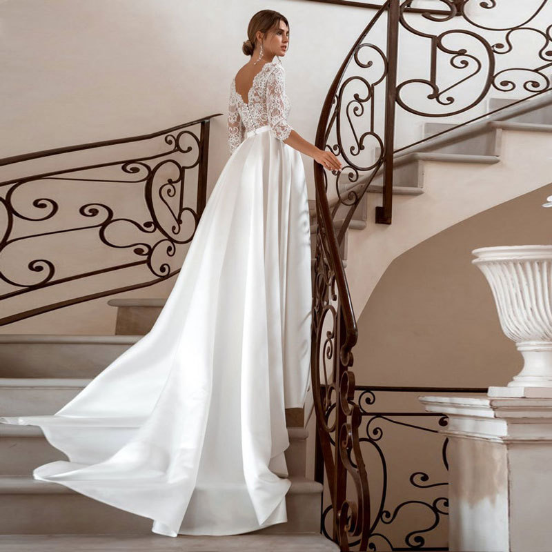 El Comercio exterior europeo y americano Amazon AliExpress desea nuevo vestido de novia de encaje con cuello en V sexy para adelgazar vestido de novia largo