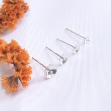 S925纯银十字碗针耳钉半孔珍珠耳针托 DIY半成品碗针耳饰配件批发