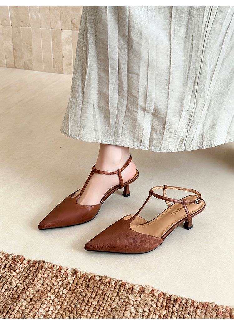 Sandal cao gót nữ mũi nhọn quai chữ T hở gót, da cừu, gót 5 cm — màu nâu chi tiết 22