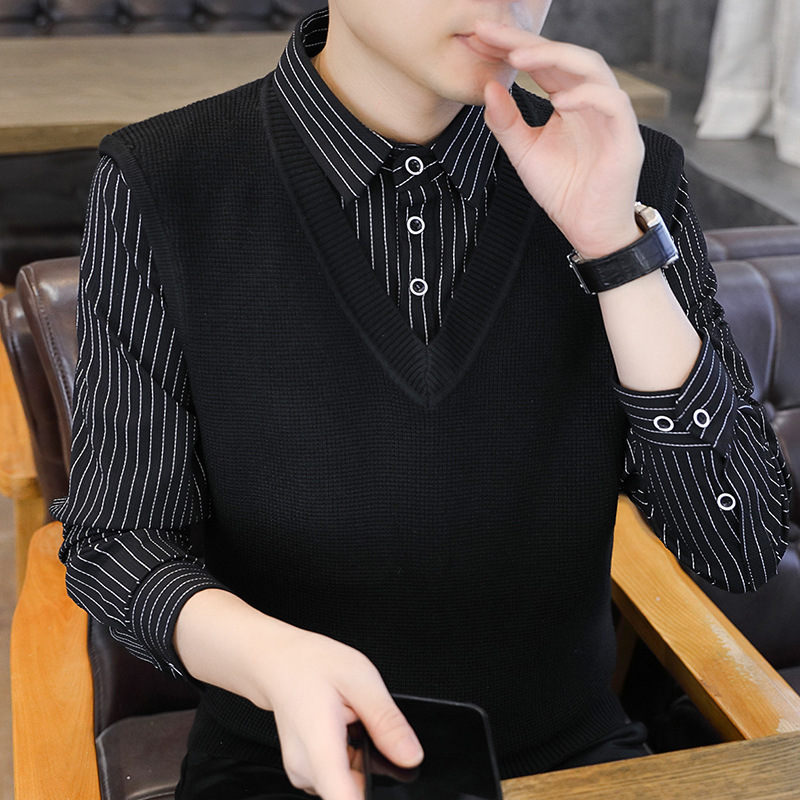 High-End Fake Two-Piece Knitted Sweater Men's Korean Style Slim Shirt Collar Men's Long-Sleeved Collar Outer Wear Autumn Top