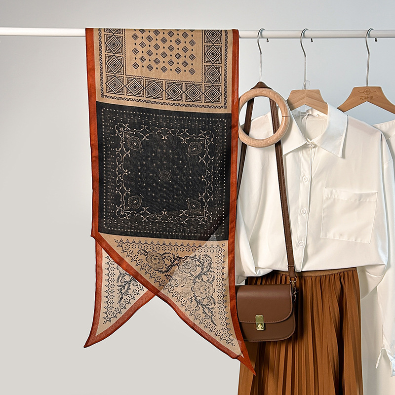 Bufanda paralela de una sola capa de sentido de alta gama de moda de nicho coreano, estilo étnico femenino, retro, temperamento de impresión creativa, bufanda de seda fina