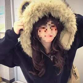 【原版面料】藏青色拼接大毛领外套女春秋小熊刺绣开衫连帽卫衣