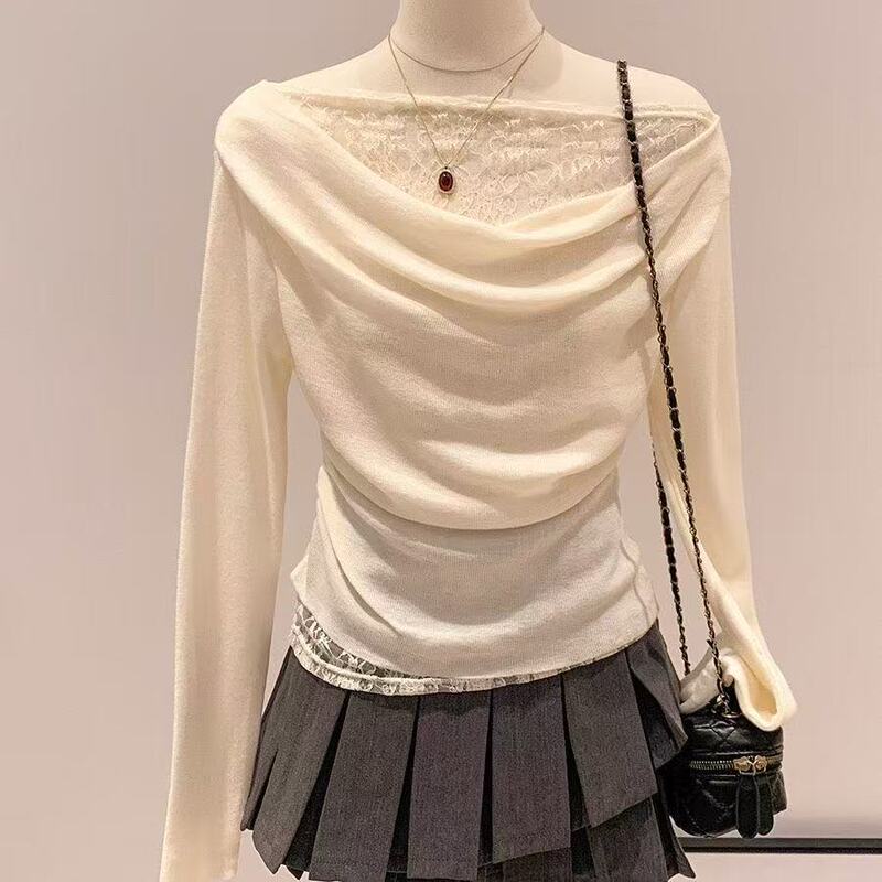 One-word New Two-piece Long-sleeved Red Sweater 2025 Slim Autumn Base Slim T-shirt Top