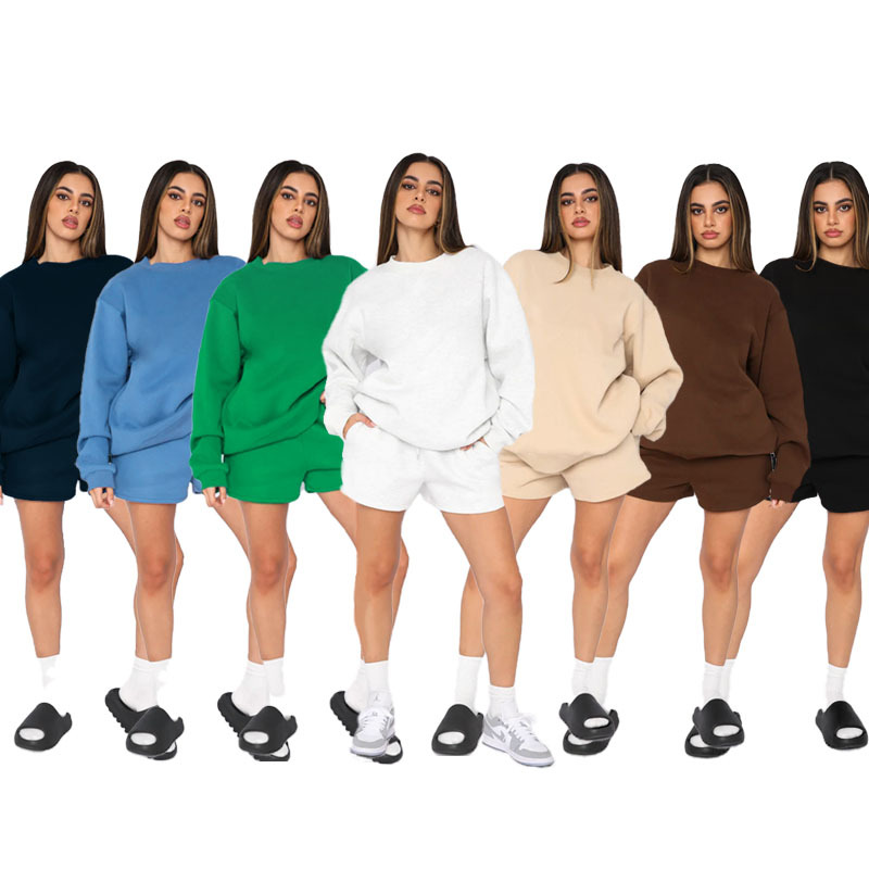 Einfarbiger Pullover, Rundhalsausschnitt, Langarm, modisches, lässiges Shorts-Set_voghion.com