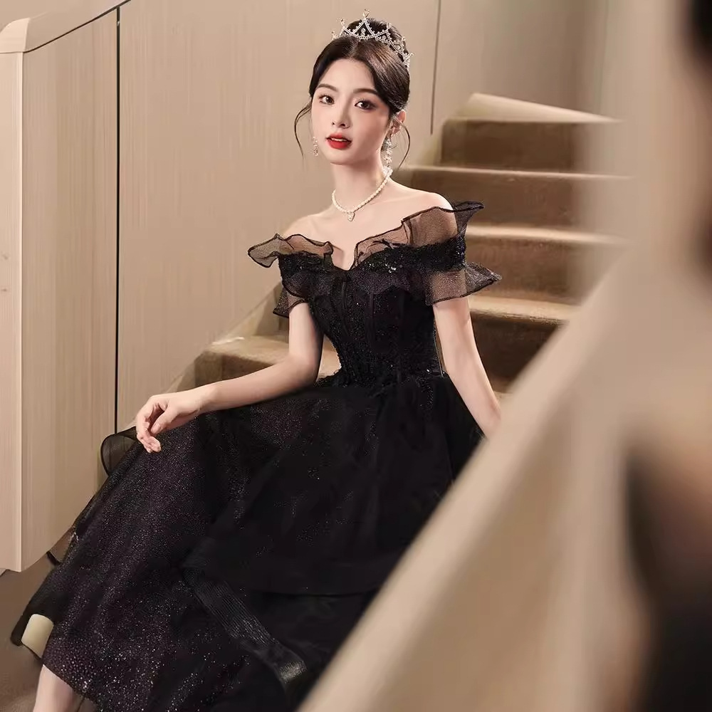 Đầm dạ hội đen trễ vai dáng dài sang trọng — Màu đen, Màu xanh xám