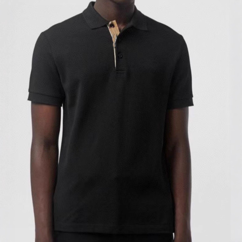 Polo de manga corta y media manga para hombre bordado de caballo de batalla en el pecho de tela a cuadros de tapeta de algodón mercerizado doble sin deformación