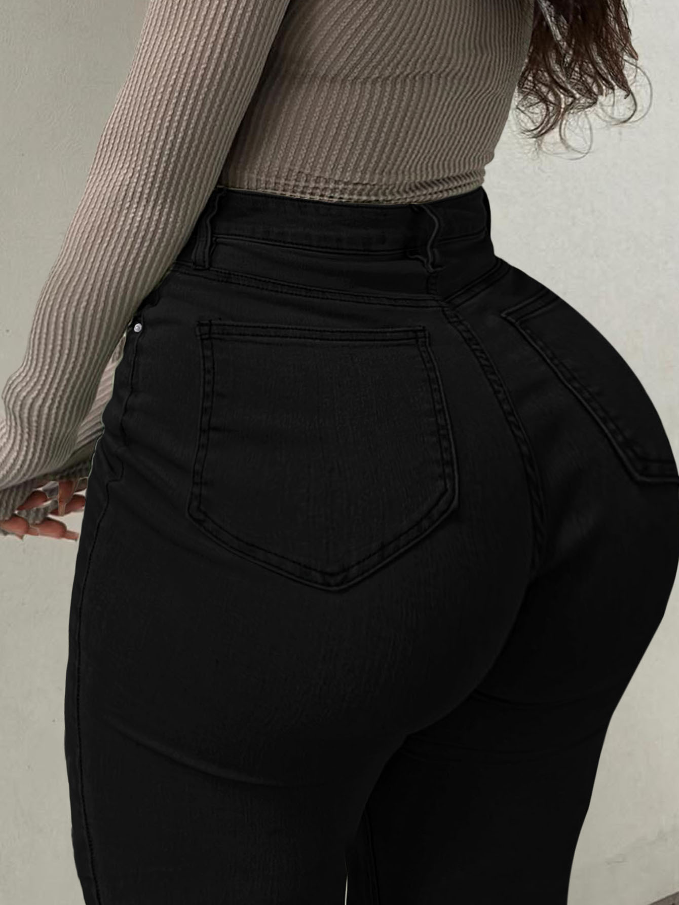 Women's Clothing Plus Size Jeans, High Waisted Flared Denim, Solid Color, Street Style, High Elasticity, Slim Fit, With Pockets._ecoleips.com