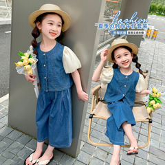 女童泡泡袖牛仔套裝2024夏季新款洋氣時髦兒童裝女寶寶休閒兩件套