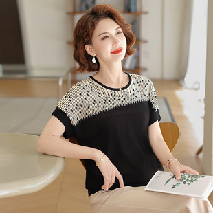 2025 New Mom Summer Short-Sleeved Ice Silk T-Shirt Middle-Aged and Elderly Women's Fashionable Knitted Shirt Thin Top