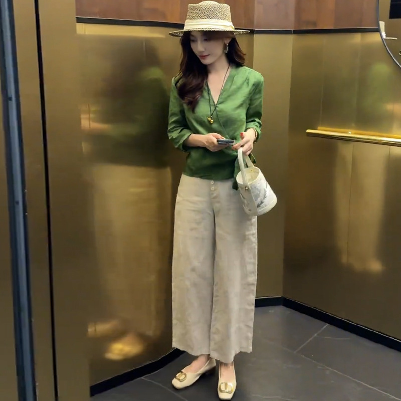 时尚套装女2025秋季新款洋气减龄显瘦长袖衬衫阔腿裤休闲两件套潮|undefined