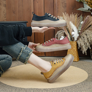 Vintage plus size Women's Shoes Spring and Autumn New Shoes Cowhide Board Shoes Women's All-match Small Slip-on Genuine Leather Single-layer Shoes Flat