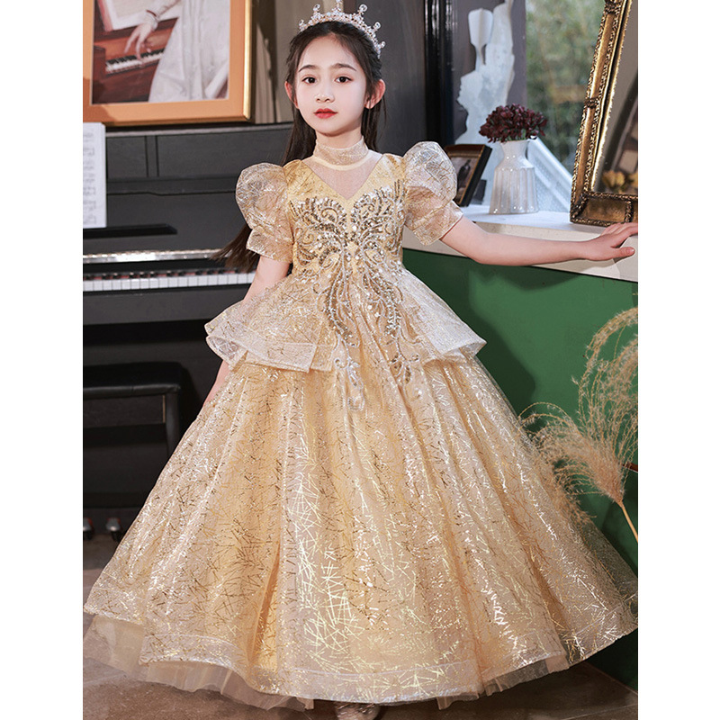 Girls' Princess Gown Dresses Luxury Boutique Flower Girl Wedding Gowns Birthday Party Children's Costumes Emcee Piano Performance_voghion.com