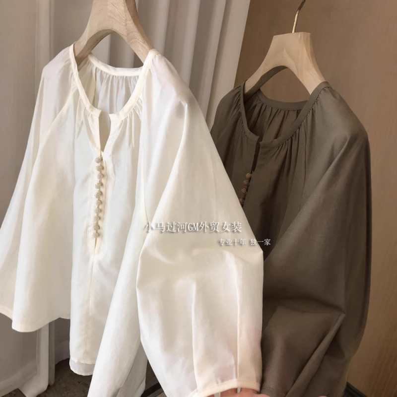 This tone is really T love! French Style Light Guofeng ~ Handmade Hydrangea Buckle Retro Loose Tencel Shirt for Women in Summer