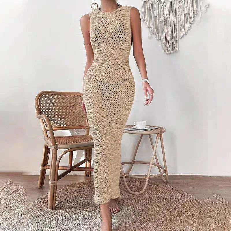 Summer Dress for Women, Solid Color, Sexy Knitted Hollow-Out Beach Bikini Cover-Up, Round Neck Vacation Style Dress Summer Dress for Women, Solid Color, Sexy Knitted Hollow-Out Beach Bikini Cover-Up, Round Neck Vacation Style Dress