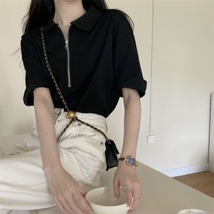Designed Niche Polo Collar Zipper Short-Sleeved T-Shirt for Women 2025 Summer New French Loose Right Shoulder Top