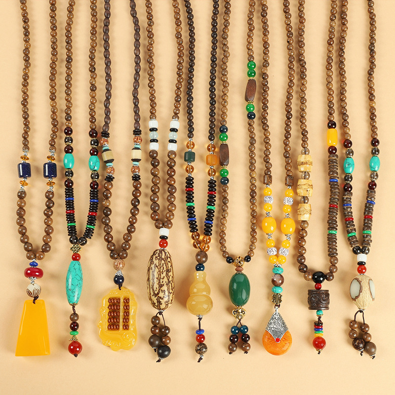 Vintage ethnic style versatile men's and women's sweater chain long high-grade wooden pendant beads necklace pendant cotton and linen accessories