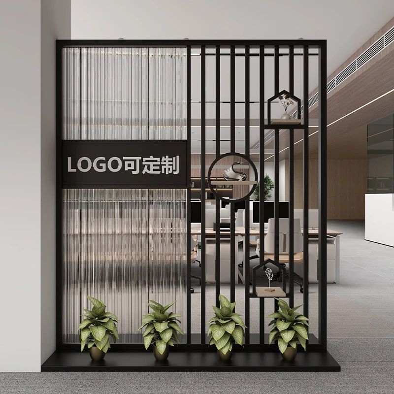 简约现代玻璃屏风隔断办公室形象墙公司入户玄关前台LOGO背景|undefined