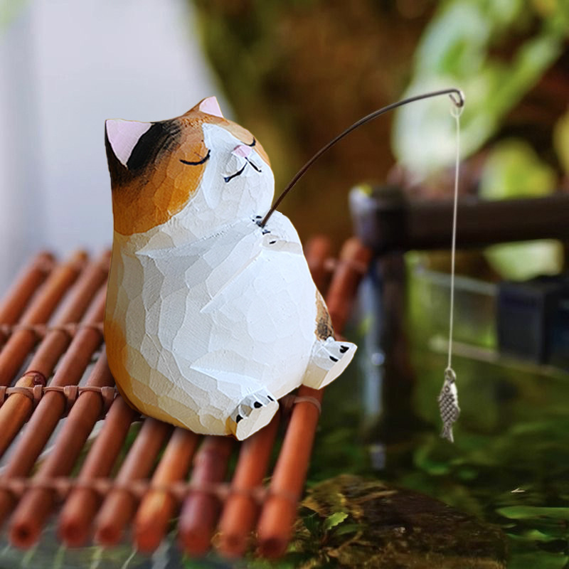 钓鱼小猫纯手工实木雕刻小动物工艺品客厅办公室桌面摆件家居饰品|undefined