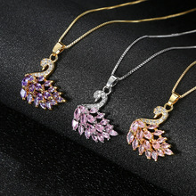 【钛钢链】日韩新款铜镶锆电镀真金渐变水晶天鹅项链小鸟吊坠颈链