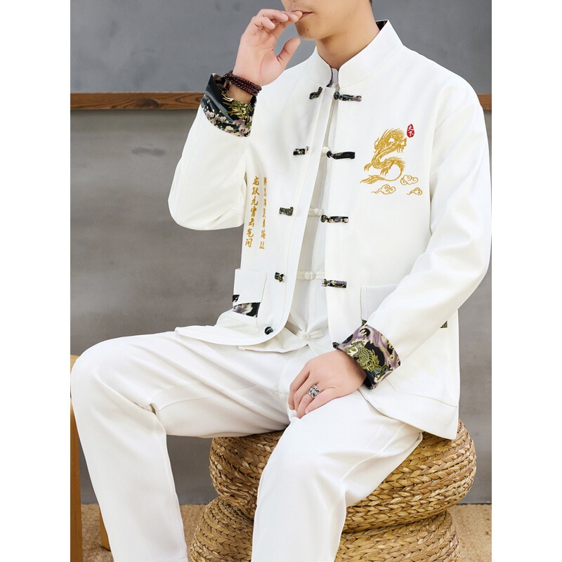 Autumn Men's Tang Suit New Casual Chinese Jacket Retro Long-Sleeve Stand Collar Ethnic Cardigan Hanfu