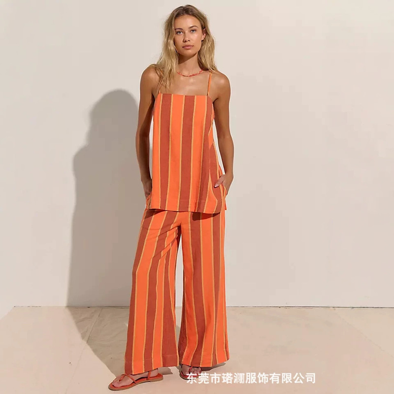2026 Summer Women's Ice Silk Wrinkle Vertical Stripe Set, European and American Style, Camisole with High-Waisted Slimming Wide-Leg Pants, Casual Two-Piece Outfit 2026 Summer Women's Ice Silk Wrinkle Vertical Stripe Set, European and American Style, Camisole with High-Waisted Slimming Wide-Leg Pants, Casual Two-Piece Outfit