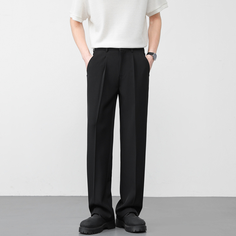 Lingdeng Polyester Fiber and Spandex Blend Men's Casual Pants, Loose Straight-Cut, Drapey Ice Silk Trousers, Lazy Style Lingdeng Polyester Fiber and Spandex Blend Men's Casual Pants, Loose Straight-Cut, Drapey Ice Silk Trousers, Lazy Style