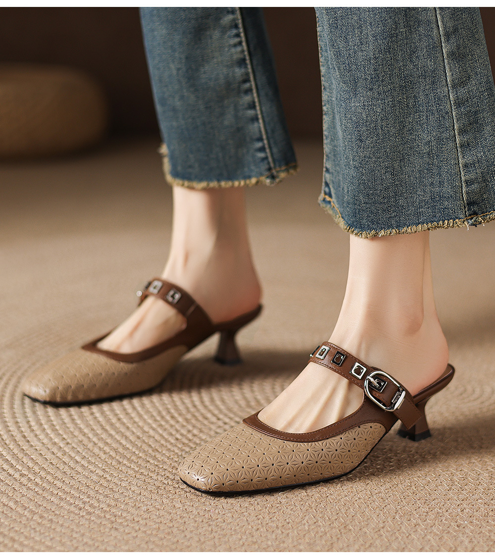 Sandal nữ quai ngang mũi vuông gót 5 cm phối màu — màu trắng ngà chi tiết 8