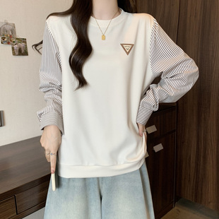 Real shot ~ plus size fat 2024 autumn casual sweater stitching stripe design shirt long sleeve shirt base shirt