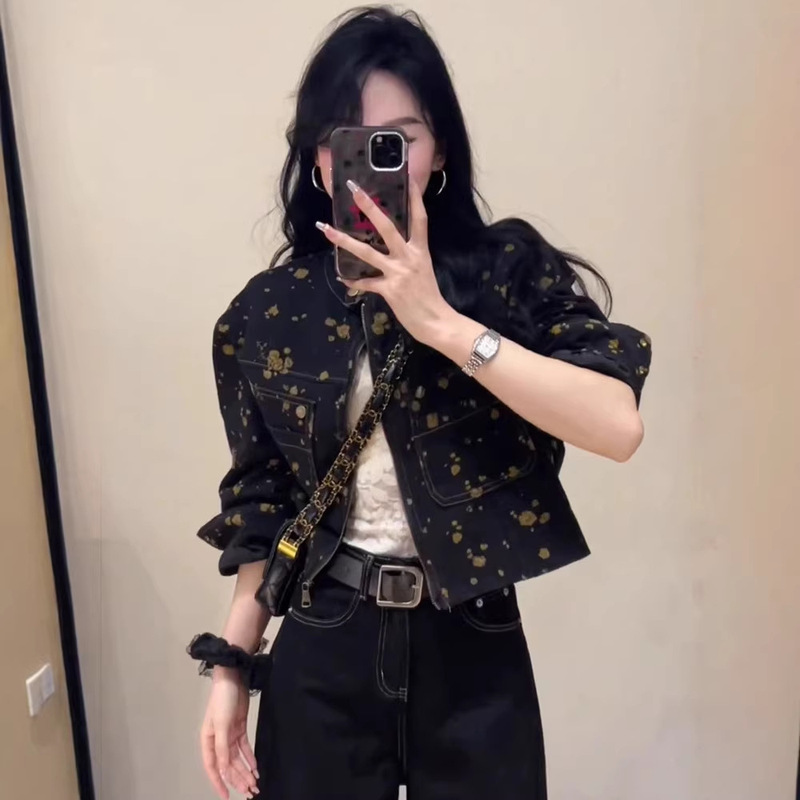 Vintage Floral Print Denim Jacket for Women 2025 Spring and Autumn New Design Niche Short Style Elegant Casual Jacket