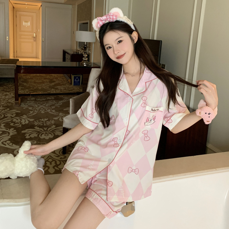 Pijamas de algodón de verano, chicas dulces estudiantes, cardigan de manga corta, pantalones cortos de dibujos animados, ropa para el hogar se puede usar fuera