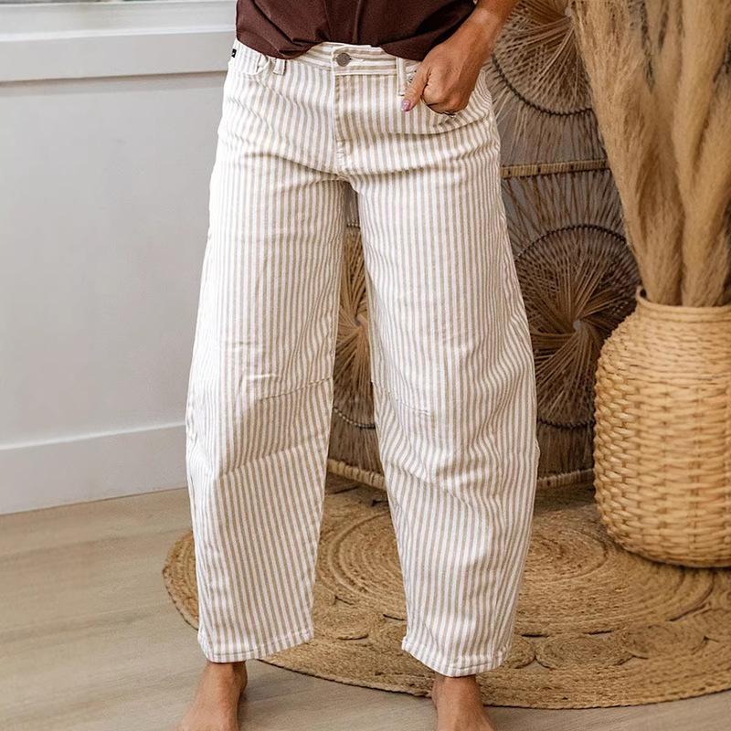 European and American Style Versatile Multi-Pocket Jeans for Women, 2026 Spring New Striped Print High-Waisted Wide-Leg Pants for Women