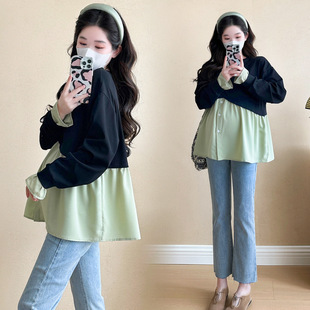 Real shot in stock maternity clothes contrast color fake two-piece long sleeve shirt 2024 new autumn clothes foreign-style slim age...