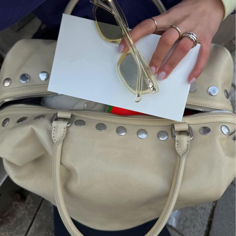 Trendy and Versatile Dark Rivet Bowling-Style Tote Design Handbag, Same Style as Internet Celebrities