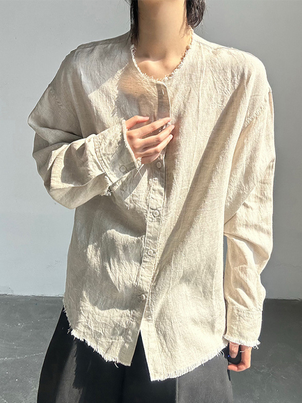 老钱风毛边亚麻衬衫男长袖夏季薄款美式复古高级感慵懒风防晒衬衣|undefined