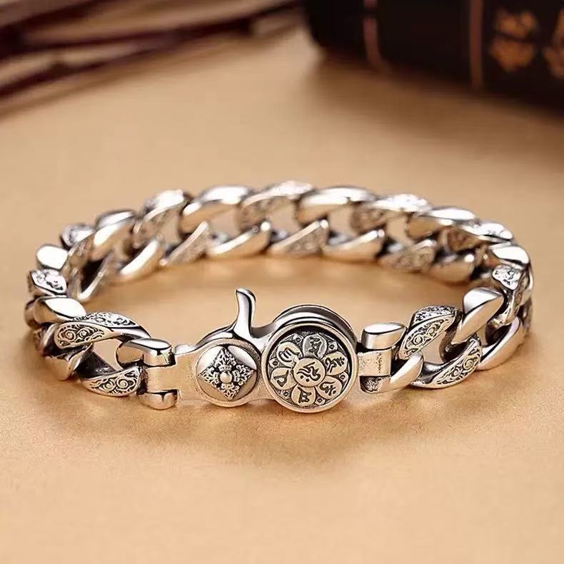 Ethnic Style Bracelet with Six-Character Mantra, Rotatable Trendy Wide Version for Men, Domineering Personality, Retro Hand Jewelry