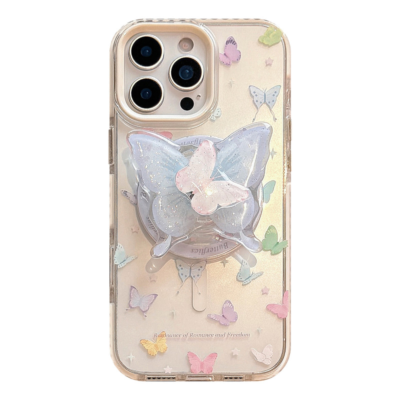 フレッシュカラー蝶16promax透明iPhone15携帯電話ケース適用13回転磁気吸引スタンド14フラッシュパウダー|undefined