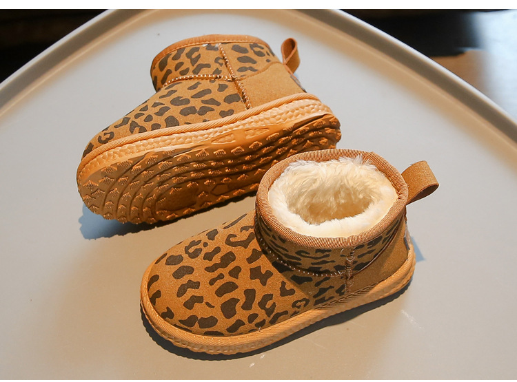 Children's leopard print snow with thick fleece and warm soft sole, medium to children's winter boys' large shoes,_voghion.com