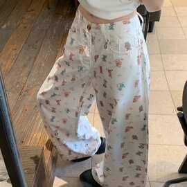 2025夏季新款显酷辣卡通印花设计感阔腿休闲裤宽松瘦长裤女