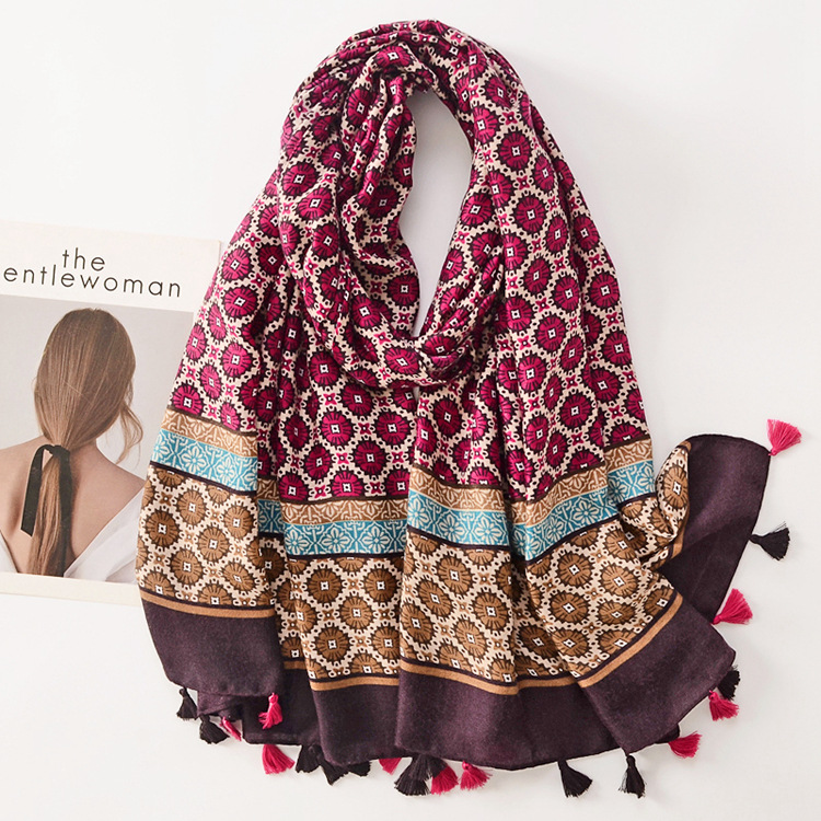 Estilo étnico retro rueda flor caliente protector solar bufanda larga borla decorativa chal algodón Lino suave bufanda