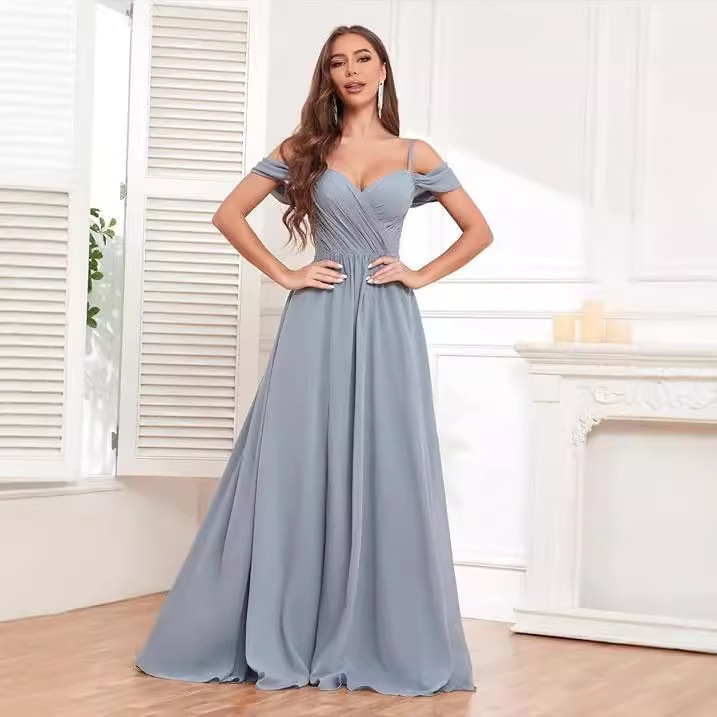Amazon Evening Dresses Off the Shoulder Bridesmaid Dresses for Wedding Long Chiffon Sexy Ruffles Pleated Formal Evening Gowns