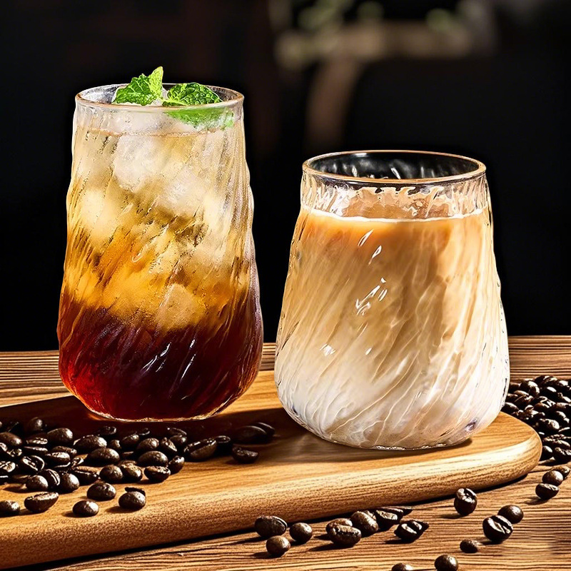 New High-Quality Vertical-Striped Glass Coffee Cup for Home Use, Large-Capacity Spiral Water Cup, Iced American Latte Glass Cup