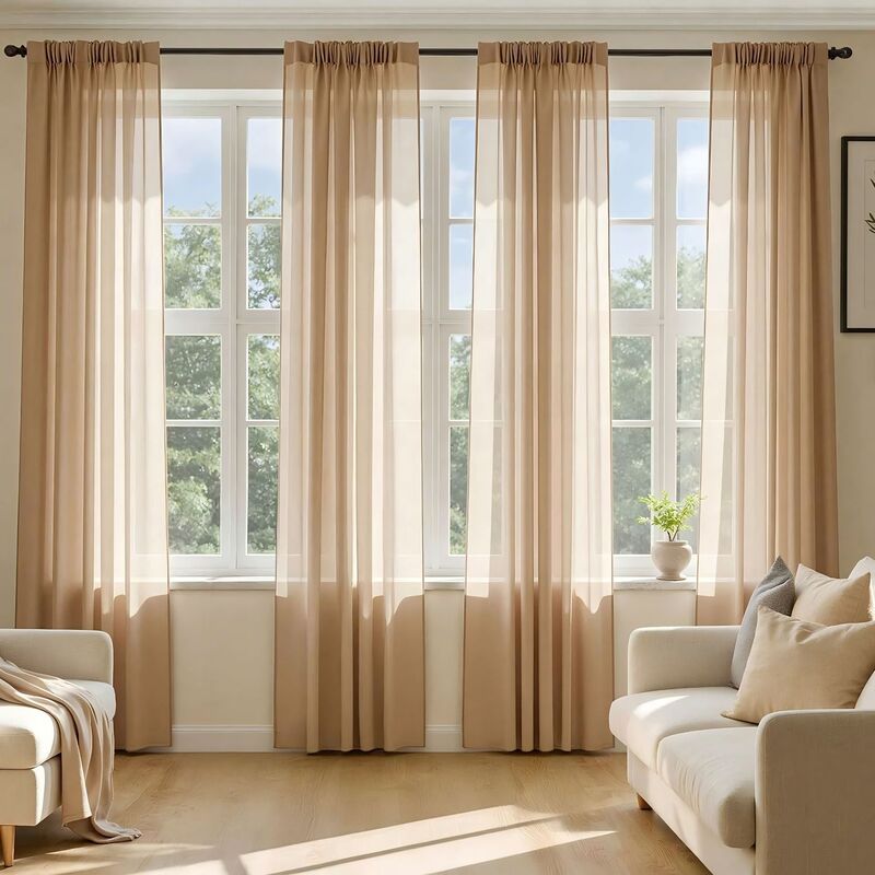 Cross-Border Foreign Trade Single-String Tricot Coffee-Colored Plain Weave Rod-Punched Window Screen for Living Room and Bedroom, Lightweight Sheer Curtain with Drape Effect