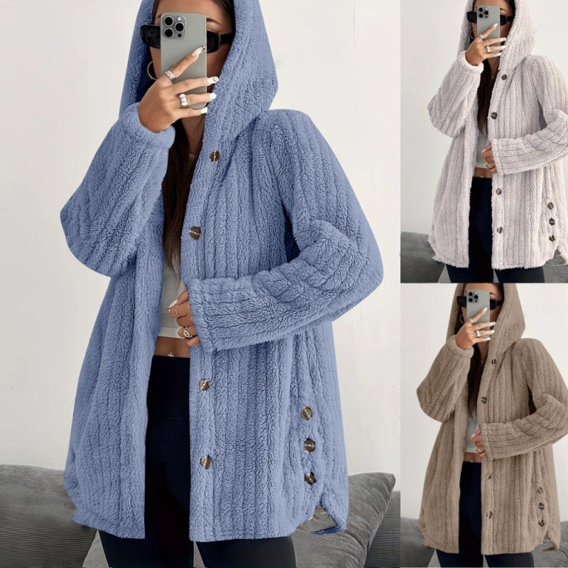 2025速売通Wish ebay秋冬欧米女装純色長袖帽子付きゆるいパイルコート女性|undefined