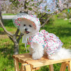 スポットクロスボーダー爆型ペット子犬猫服直販春夏の薄い甘い花のスカート帽子セット