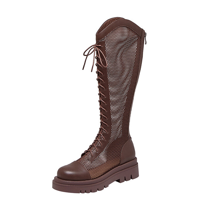 Boot lưới da thật cổ cao đế dày thoáng khí mùa xuân hè phong cách kỵ sĩ buộc dây — Màu nâu ống lớn, Màu đen cổ ống lớn, Ống nhỏ màu đen, Ống nhỏ màu be chi tiết 77