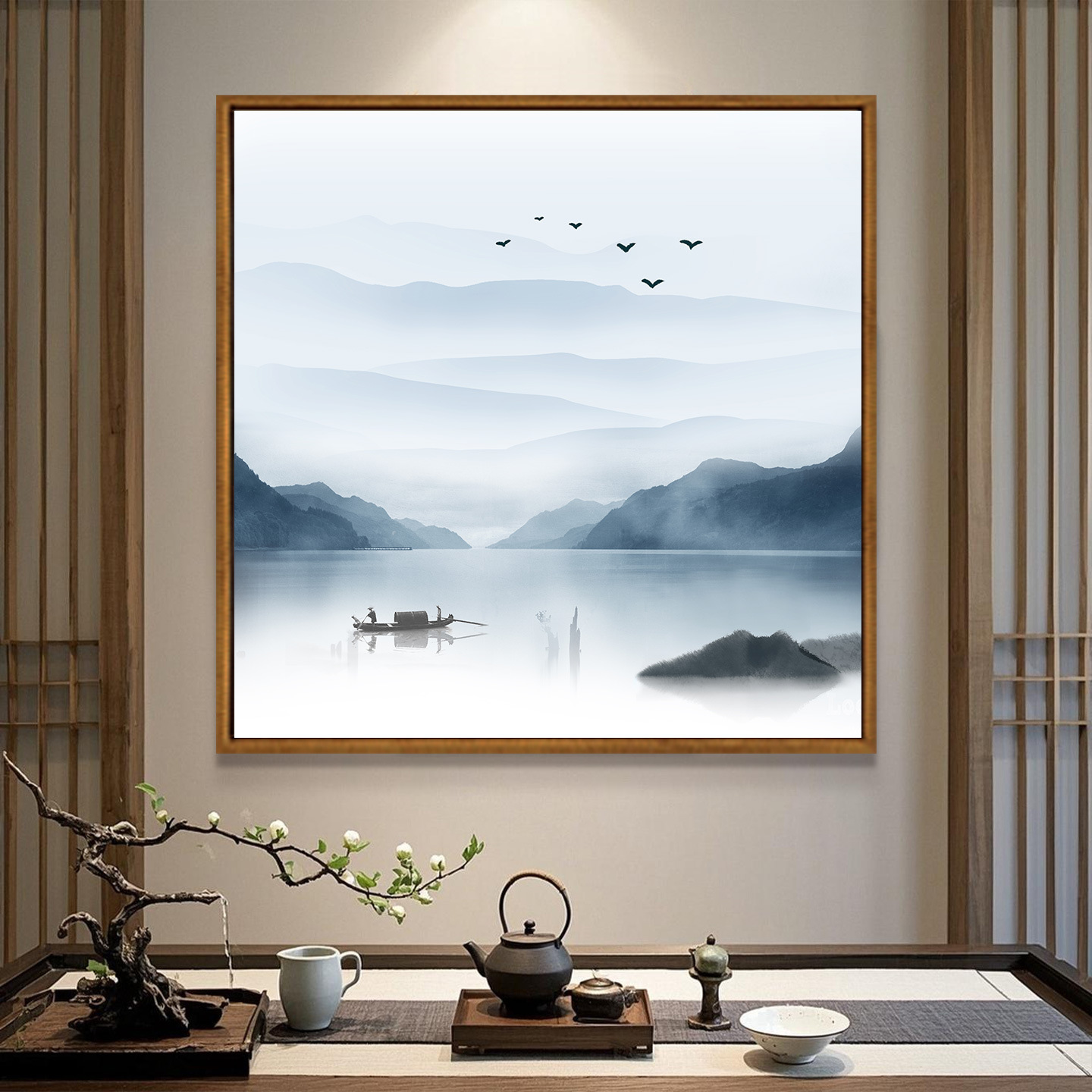 玄关装饰画正方形山水挂画新中式壁画客厅办公室书房背景墙风景画