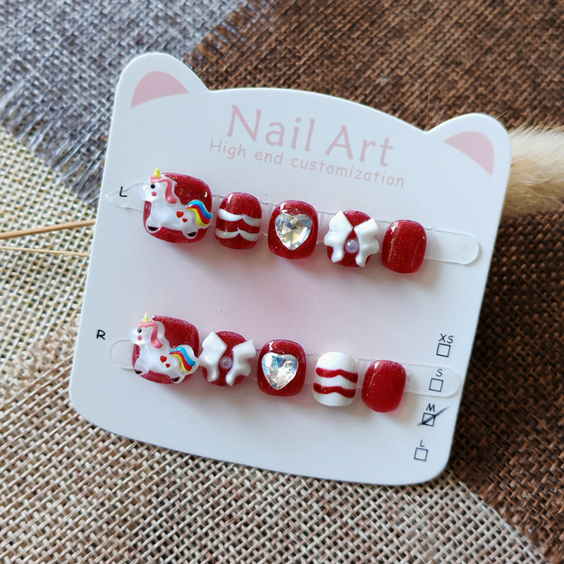 Children's Handmade Nails Stereo Cartoon Red Pony New Year's Nail Patch Cute Unicorn Manicure Children's Handmade Nails Stereo Cartoon Red Pony New Year's Nail Patch Cute Unicorn Manicure